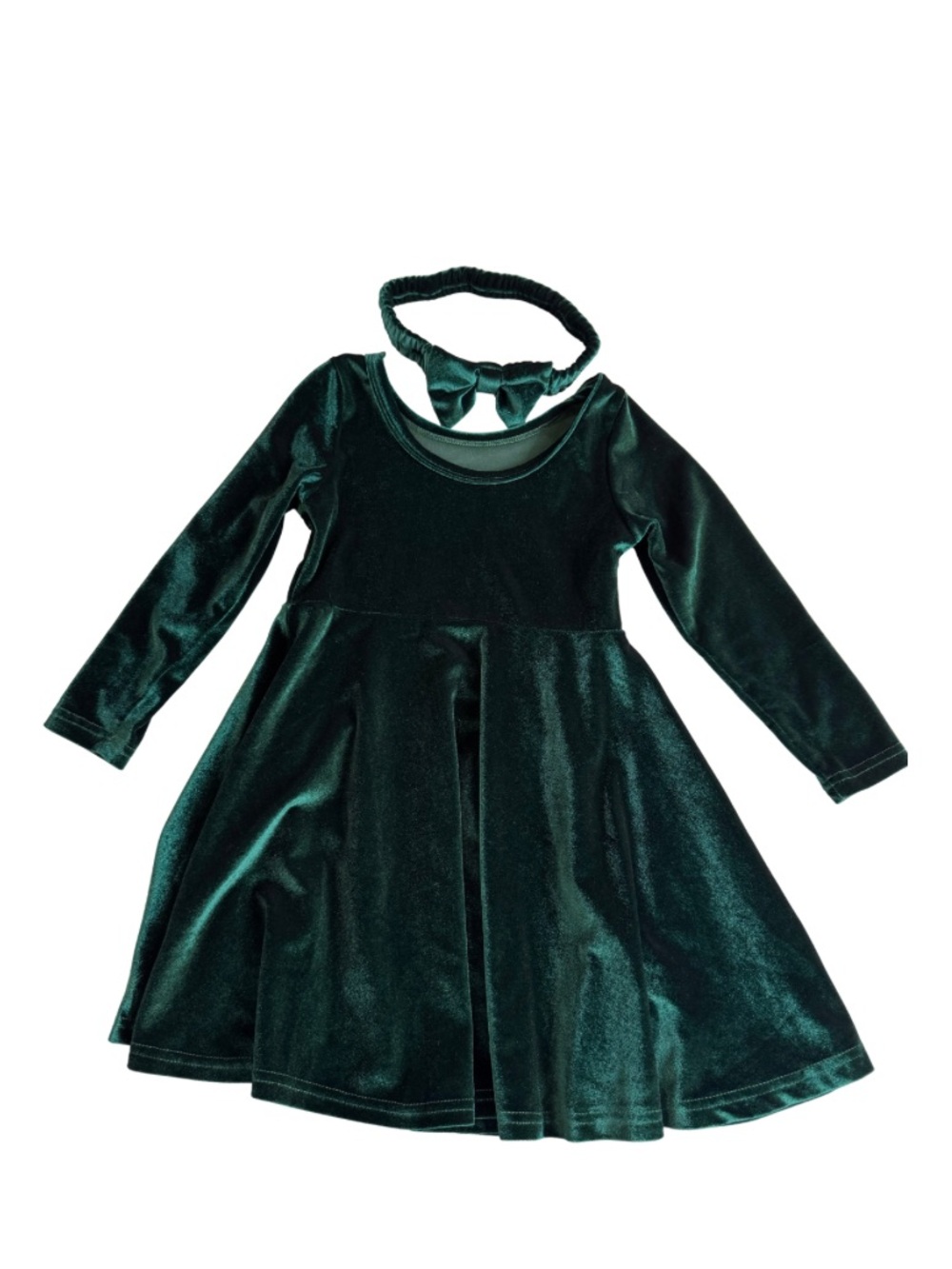 Toddler Girls Dark Green Velour Long-Sleeve Dress with Bow Headband 4-5T